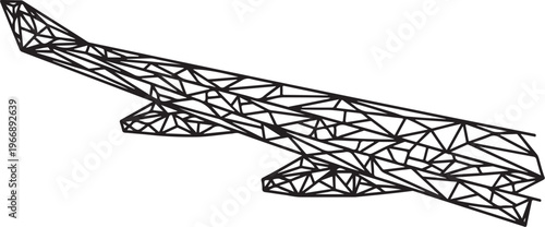 Geometric wireframe airplane model in black lines isolated white