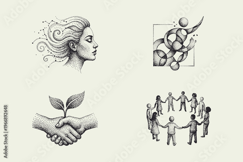 Stippled Art Illustration Set of Human and Ecological Concepts