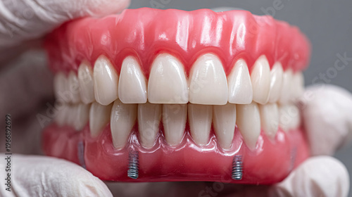 Closeup of realistic full dentures with dental implants, held by gloved hands, showcasing modern dental restoration and oral health