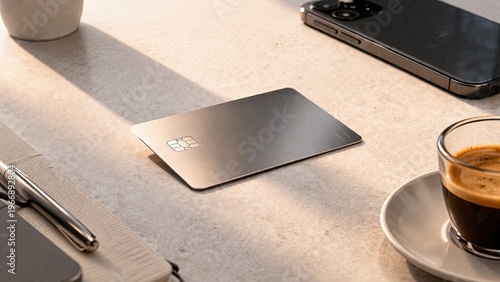 Modern metallic credit card with chip on a textured surface next to a smartphone and coffee
