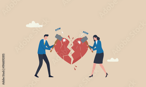 Marriage or violence or painful in broken relationship couple concept, angry couple husband and wife using big hammer to hit broken heart shape metaphor of family problem