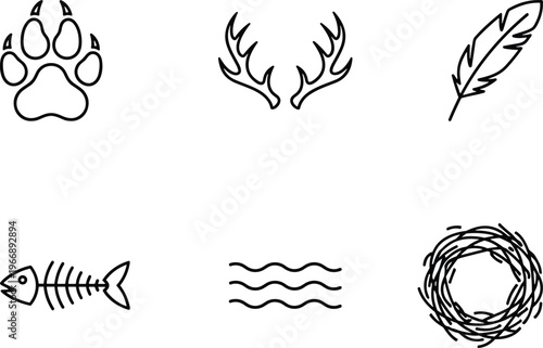 Wildlife nature outline icon set featuring animal paw antlers feather fish skeleton water waves and nest hand drawn vector illustration