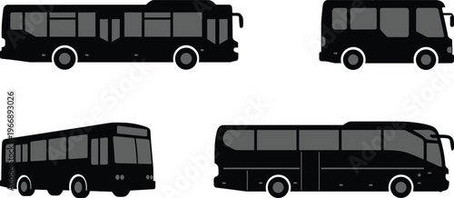 Bus silhouettes collection side view including city bus coach and minibus transport vehicles isolated black vector illustration set