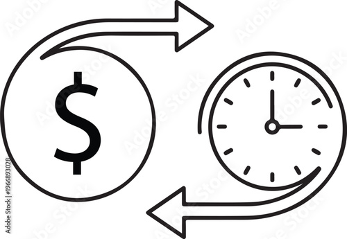 Black outline icon depicting currency exchange showing money coin with dollar sign and clock with arrows representing time management