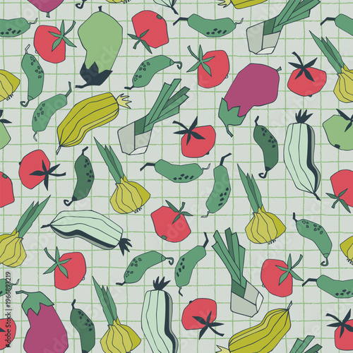 Seamless repeating pattern with vegetables. Stylized vector line art. Abstract colorful illustrations on beige background. Healthy food, carbs, veganism concept