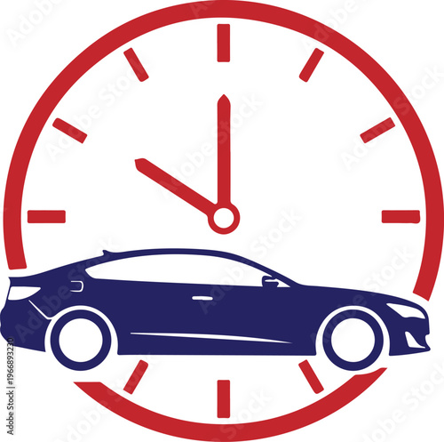 Dark blue car in front of red clock showing time, representing automotive schedule, car maintenance, or rental period