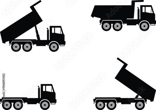 Dump truck silhouette set showing different tipping positions heavy construction vehicle icons isolated black vector illustration for industrial transport design
