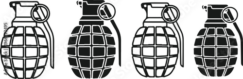 Four hand grenades line up military explosive weapon army ammunition combat danger conflict threat warfare attack defense