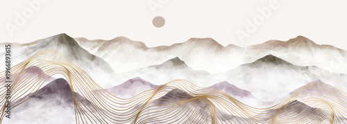 Mountain landscape watercolor painting illustration with line art texture. Abstract contemporary aesthetic backgrounds landscapes. mountains, hills, sun and skyline