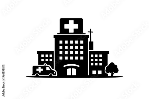 Black and white hospital icon featuring ambulance and buildings