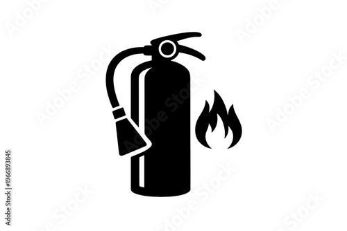 Black fire extinguisher icon with flames symbol on white background