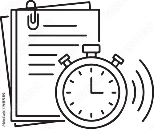 Professional document outline with paper clip and stopwatch showing signal waves indicating urgent deadline and efficient task tracking