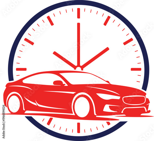 Red car on a clock face showing time for automobile maintenance repair and service appointments fast delivery concept
