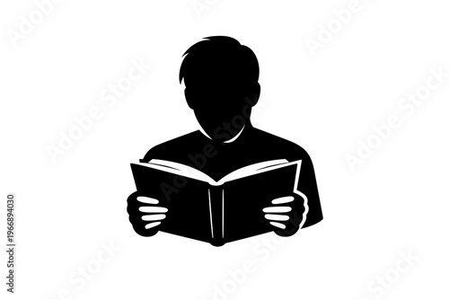 Silhouette of young caucasian male reading book in isolation