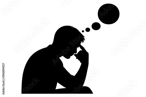Silhouette of a young caucasian male deep in thought with speech bubble