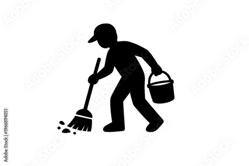 Silhouette of a person sweeping and holding a bucket on white background
