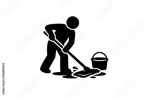 Silhouette of person mopping floor with bucket and mop