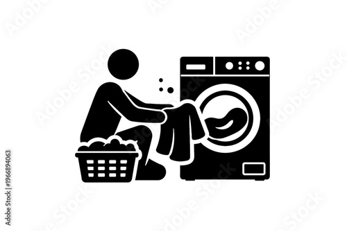 Stick figure doing laundry with washing machine and basket