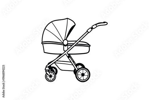 Simple Black and White Line Drawing of a Baby Stroller.