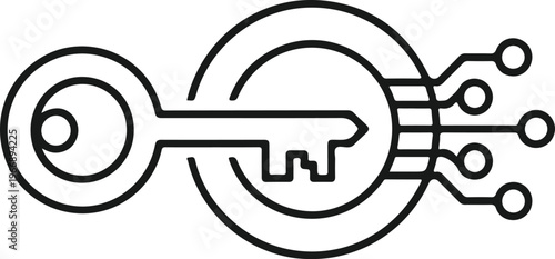 Stylized key is connected to a circuit board and network points, symbolizing digital security or access