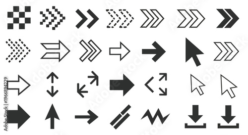 Set of Arrow Icons and Cursors Pointing Right and Down for UI/UX Web Design Interface Elements