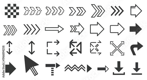 Minimalist Black Arrow Icons Set Navigating Digital Interfaces for Modern UI UX Web Design and Marketing Graphics