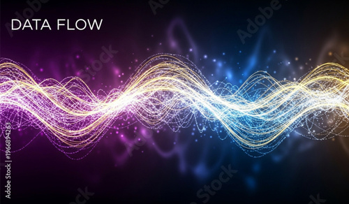 Abstract digital data flow visualization with glowing particles and wavy light streaks on deep dark background