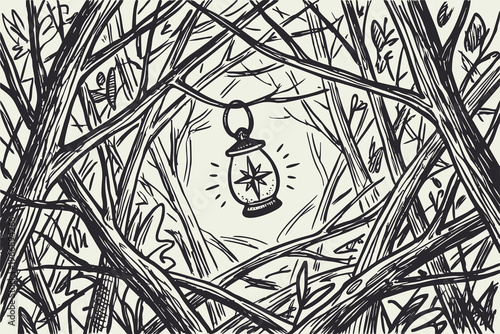 Hand-drawn Illustration of a Lantern Hanging in the Woods