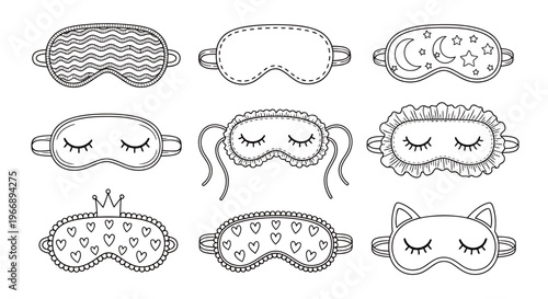 Hand Drawn Sleep Mask Icons Collection for Wellness and Relaxation Coloring Book Vector Art