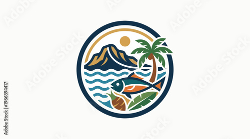 Tropical Island Logo Design with Fish and Palm Tree