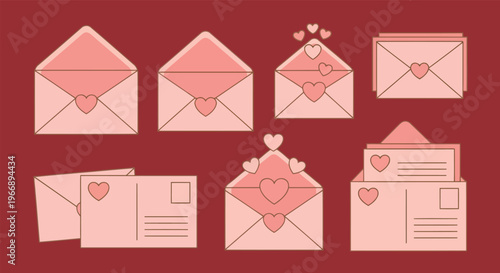 Pink Heart Envelopes and Postcards Collection on Red Background for Valentine's Day Romantic Greeting Cards