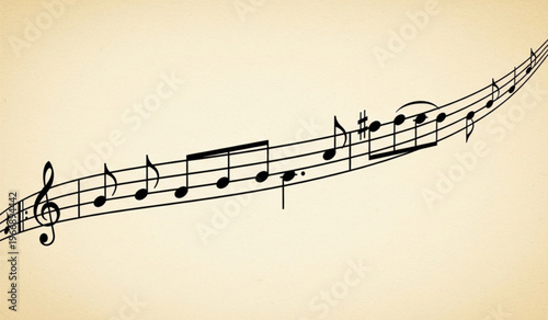 Musical staff with flowing notes on aged parchment paper background for classical composition and music education