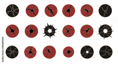 Cracked Circle Icons Set Displaying Damage and Fracture on White Background for System Breach and Security Failure Visuals