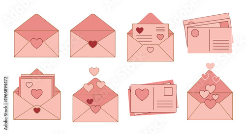 Pink Love Envelopes and Postcards with Hearts for Romantic Greeting, Valentine's Day Stationery Vector Set