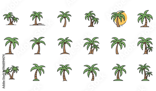Collection of stylized palm tree illustrations in flat design for tropical travel and summer vacation themes