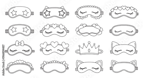 Cute Sleep Mask Icons Set for Relaxation and Travel, Minimalist Line Art Vector for Beauty Spa and Wellness Branding
