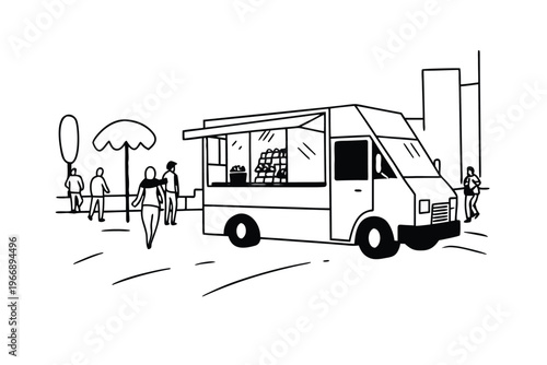 Street Food Truck Scene with People and Umbrella.