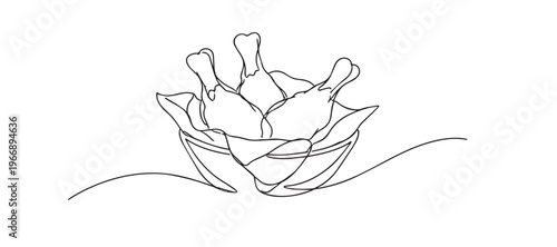 single line fried chicken bucket.continuous line drawing of crispy chicken pieces in bowl.fast food meal concept.one line vector illustration.