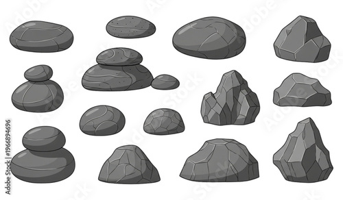 Collection of stylized grey rocks and stones in various shapes