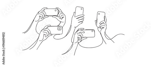 single line hands holding smartphones.continuous line drawing of multiple hands taking photos and videos.mobile photography concept.one line vector illustration.