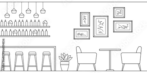 Cafe interior graphic black white sketch illustration vector 