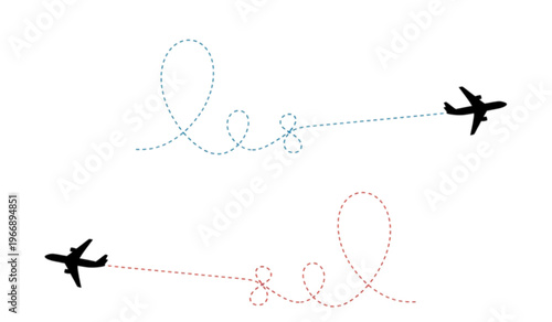 Two airplane icons with dashed flight path lines on white background