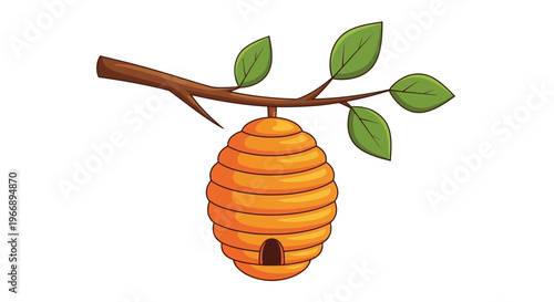 Cartoon beehive hanging from a brown branch with green leaves white background insect