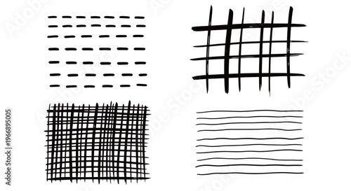 Black Ink Stroke Patterns Hatching and Grid Textures for Minimalist Hand Drawn Graphic Design Elements