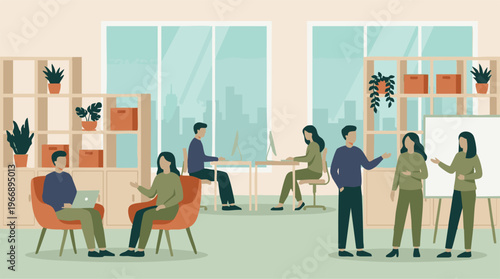 Business people working and interacting in a contemporary office setting