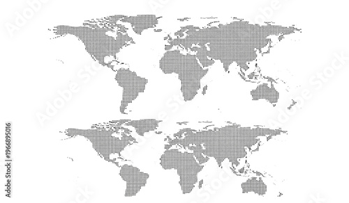 World map comprised of black dots on a white background