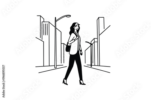 Woman walking down a city street with buildings and a lamppost.