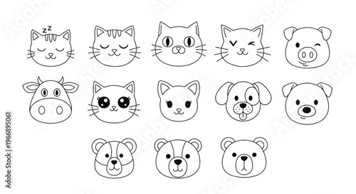 Cute Animal Face Line Art Icons Smiling and Sleeping Minimalist Vector Set for Kids Coloring Book Design