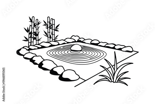 Zen Garden Illustration with Raked Sand and Bamboo.