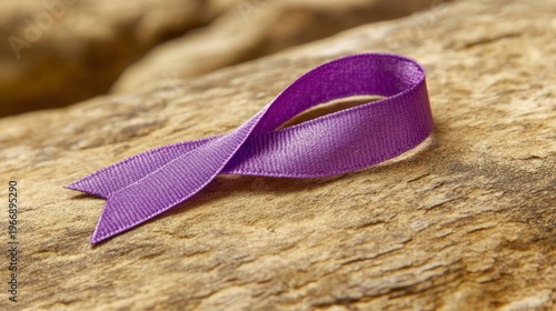 A purple awareness ribbon on a natural wooden surface symbolizing support for health causes and social issues in a serene and warm setting